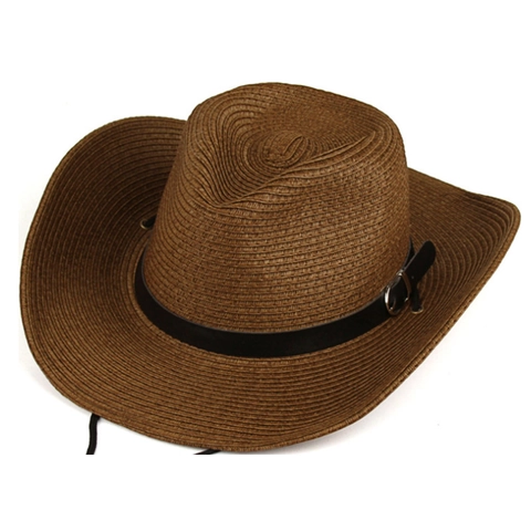 Western Cowboy Straw Hat Wide Brim Sun Protection Breathable Paper Straw Beach Hat With Adjustable Wind Rope Unisex