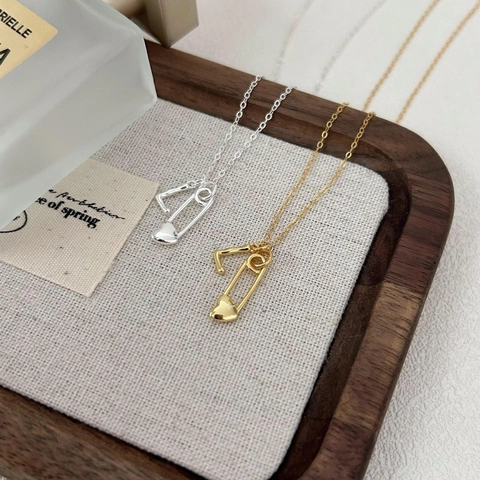925 Sterling Silver Necklace Heart Safety Pin Letter L Pendant Minimalist Jewelry For Women 18K Gold Plated