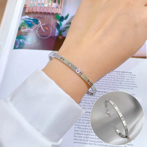 Bracelet Jonc Chiffres Romains Acier Inoxydable Avec Un Seul Zircon Bijoux De Mode Vintage Minimalistes Pour Femmes