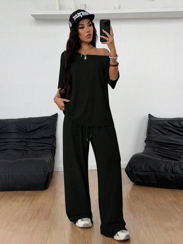 Women Casual Off Shoulder Slant Neck Short Sleeve Top And Wide Leg Drawstring Pants Knit Loungewear