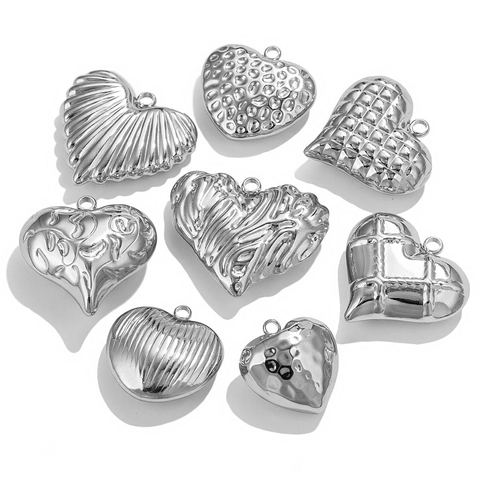 Stainless Steel Heart Charm Pendant Textured DIY Jewelry Making Supplies Polished Hollow Waterproof Accessory
