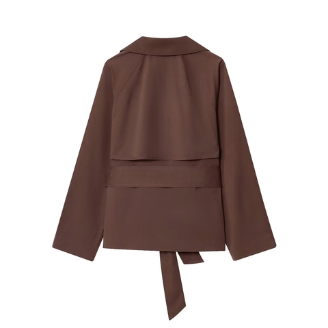 Women Casual Short Trench Coat Double Breasted Lapel Windbreaker Jacket With Belt Solid Color Polyester Outerwear