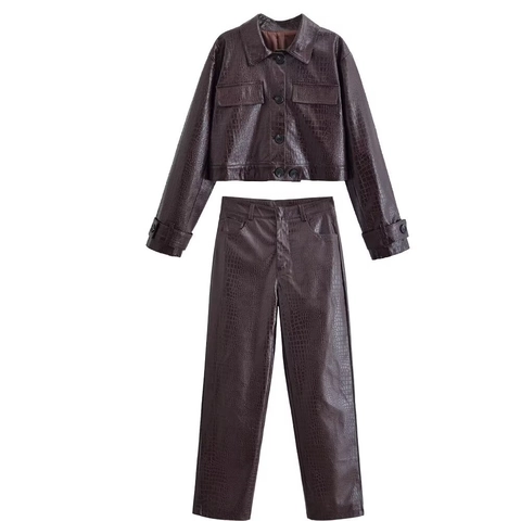 Veste Et Pantalon Pour Femmes En Similicuir À Relief Crocodile Tenues Streetwear Style Vintage Manteau Court