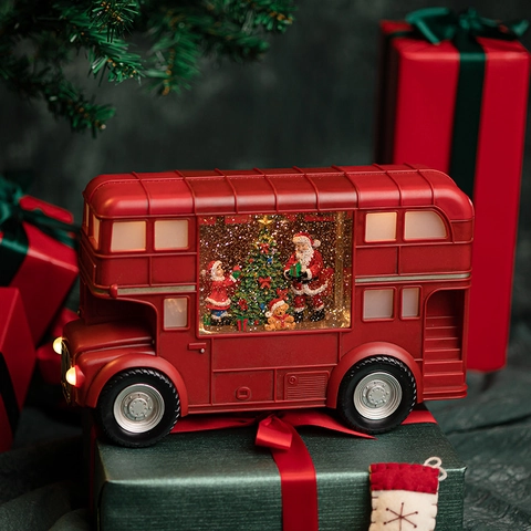 Vintage Roter Londoner Bus Schneekugel Laterne LED Leuchtend Musikalisch Tischdekoration Weihnachten Weihnachtsmann Kunststoff