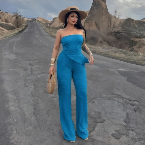 Completi Da Donna Top A Tubo Senza Spalline E Pantaloni A Gamba Larga Tessuto Increspato Testurizzato Streetwear Estivo Sexy