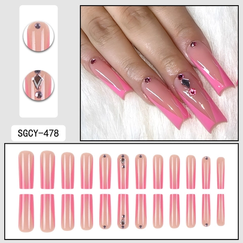 Uñas Postizas French Rosas Largas Coffin Brillantes Con Diamantes De Imitación Calcomanía De Corazón Manicura Elegante Dulce