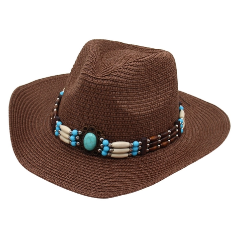 Damen Western Cowboy Strohhut Boho Ethnisch Breite Krempe Sonnenhut Mit Türkis Holzperlen Sommer Strand Fedora Jazz Hut