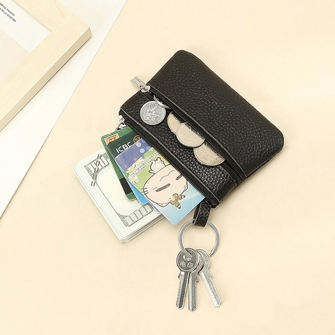 Mini Coin Purse Cowhide Pebbled Leather Dual Zipper Pocket Wallet With Keychain Ring Thin Small Portable Card Holder