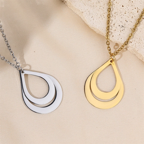 Minimalist Stainless Steel Double Layer Hollow Water Drop Pendant Necklace 18K Gold Plated Fashion Jewelry For Women Men