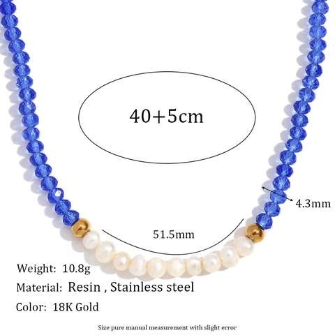 Vintage Stainless Steel Beads Freshwater Pearl Necklace For Women Blue Faceted Artificial Crystal Handmade Beaded Jewelry