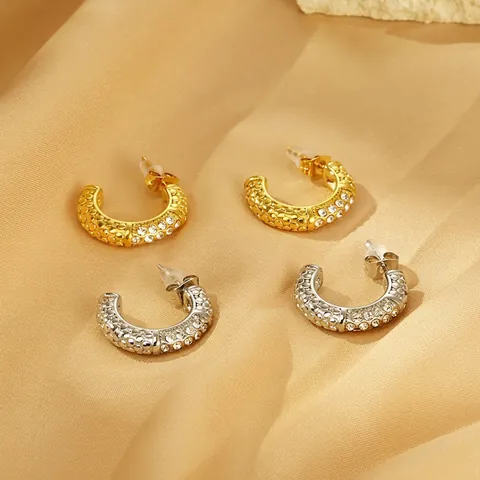 Pendientes De Aro En Forma De C De Acero Inoxidable Bañado En Oro De 18K Joyería Geométrica Con Textura De Strass Para Mujer