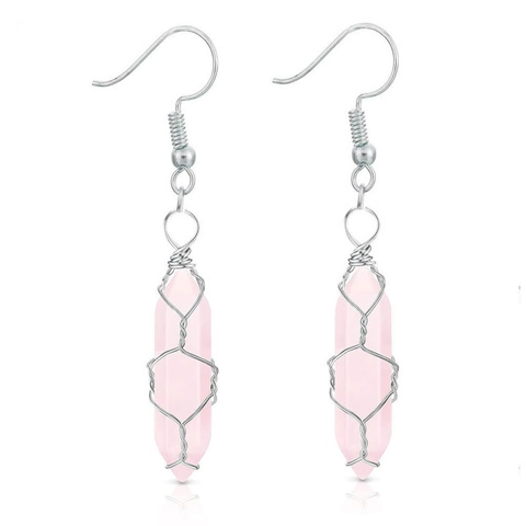 Boucles d'Oreilles Pendantes Crochet Prisme Hexagonal Cristal Enveloppé de Fil de Cuivre Fait Main Boho Bijoux d'Oreille Géométriques Unisexe