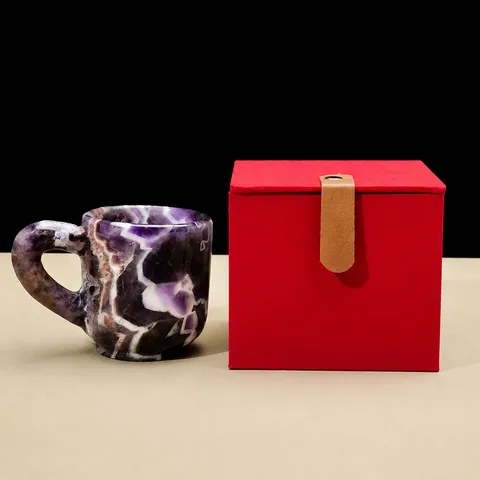 Natural Amethyst Rose Quartz Clear Crystal Mug Healing Stone Coffee Cup Desktop Lucky Ornament With Red Gift Box Set