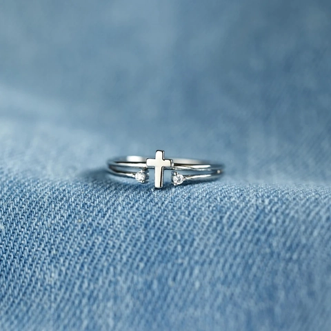 Anello Aperto in Argento Sterling 925 a Croce con Zirconia a Doppio Strato Regolabile Gioielli alla Moda Regalo per Madre Donna
