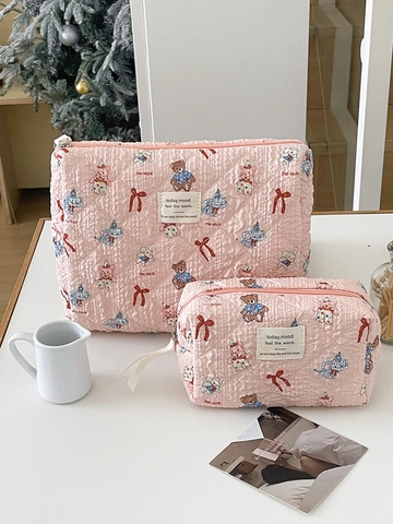 Quilted Cotton Makeup Bag Cute Cartoon Animal Pattern Cosmetic Organizer Travel Toiletries Pouch Soft Pink Zipper Case