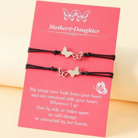 Mother Daughter Butterfly Charm Bracelets Stainless Steel Hollow Butterfly Woven Rope Adjustable Jewelry With Gift Card