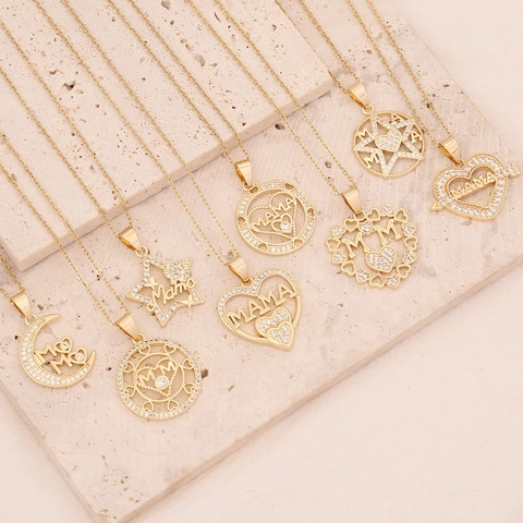 Mama Mom Letter Pendant Necklace Copper Cubic Zirconia Heart Star Moon Mother Day Jewelry Gift For Women