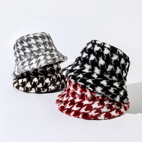Vintage Houndstooth Plush Bucket Hat Autumn Winter Warm Faux Rabbit Fur Fisherman Cap For Outdoor Travel Windproof Hat