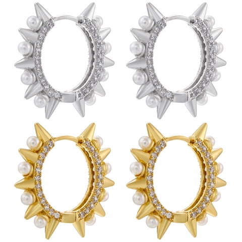 Punk Spike Künstliche Perlen Creolen Messing Kupfer Zirkon Eingelegt Mode Geometrische Persönlichkeit Schmuck Geschenk Für Frauen