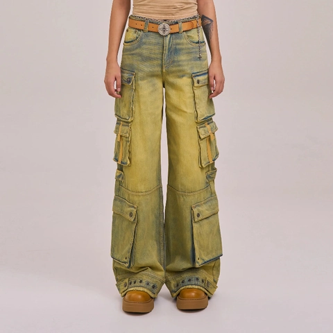 Retro Washed Denim Cargo Pants Women Multi Pocket Wide Leg Streetwear Straight Baggy Trousers