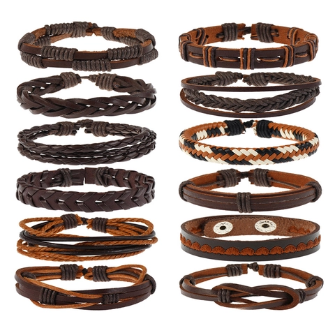 Pulseras De Cuero De Vaca Trenzadas Vintage Cordón Multicapa Cuerda De Cera Aleación Botones De Presión Joyería Punk Hombres Mujeres