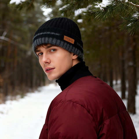 Wintermütze Herren Beanie Warm Dick Gestrickt Mit Lederpatch Fleece Futter Outdoor Winddicht Lässig