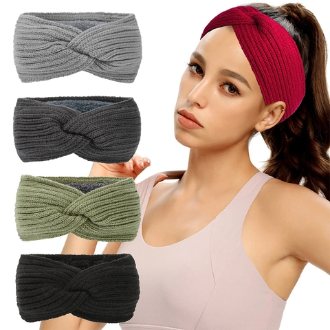 Women Knitted Fleece Lined Headband Winter Warm Elastic Hairband Cross Twist Design Outdoor Sports Ear Warmer
