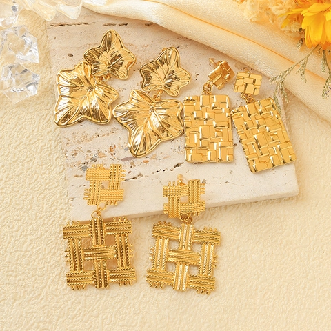 Vintage Geometrische Gewebte Edelstahl Hängerohrringe Damen Vergoldet Retro Chunky Minimalistischer Schmuck