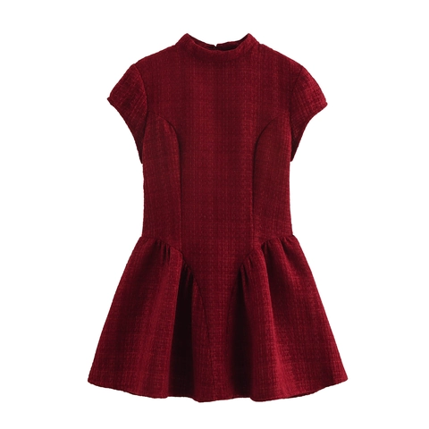 Women Elegant Polyester Tweed Mini Dress Backless Short Sleeve Mock Neck A-Line Burgundy