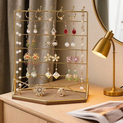 Jewelry Display Stand Metal Iron Organizer With Wood Base Multi Tier For Necklace Earring Ring Nordic Style Storage