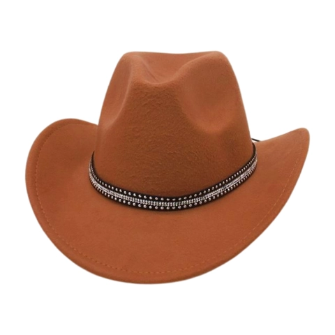 Chapeau De Cowboy Occidental Feutre Polyester Large Bord Bande De Strass Style Britannique Rétro Pour Hommes Femmes