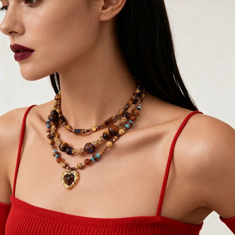 Collier Multi Rangs Perles Oeil De Tigre Vintage Pendentif Coeur Acier Inoxydable Alliage Bijoux Pour Femmes