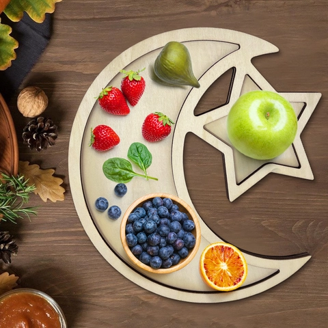 Wooden Moon Star Serving Tray Poplar Wood Ramadan Eid Mubarak Decorative Food Plate Middle Eastern Festival Party Home Decor