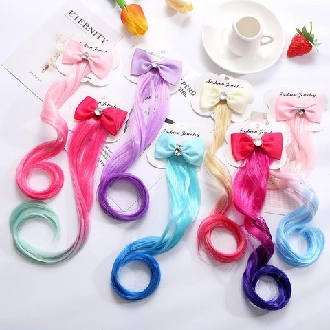 Kids Hair Extensions Bow Hairpins Synthetic Curly Gradient Colorful Rhinestone Princess Cosplay Accessories For Girls