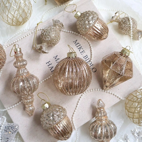 Adornos Navideños De Vidrio Color Champán Dorado Colgantes Purpurina Dulces Piñas Bolas Para Decoración De Fiestas