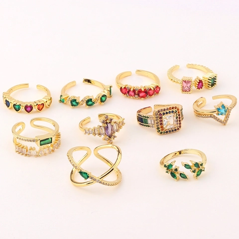 Brass Adjustable Open Ring With 18K Gold Plating And Micro Paved Colorful Zircon Geometric Jewelry For Women