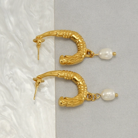 Vintage C-Vormige Roestvrijstalen 18K Vergulde Hoop Drop Oorbellen Met Kunstparel Textuur Voor Vrouwen Mode Sieraden
