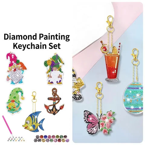 DIY Diamond Painting Keychains 5D Rhinestone Gnome Flower Animals Double Sided Acrylic Keychain Handmade Craft Gifts