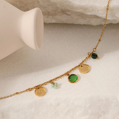Pulsera Bohemia de Acero Inoxidable Chapada en Oro de 18K con Piedra Natural Verde para Mujer Joyería Ajustable con Dije de Círculo Geométrico Vintage