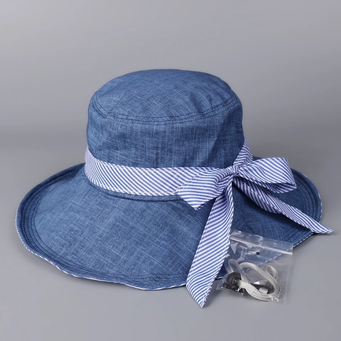 Dames Zonnehoed Met Brede Rand Katoen Polyester Ademend Gestreepte Strik Verstelbaar Zomer Outdoor Opvouwbaar