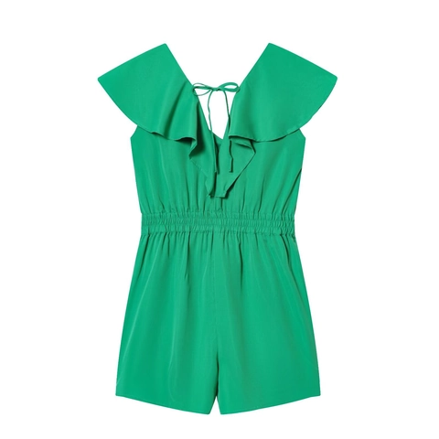 Damen Romper Mit Rüschen V-Ausschnitt Ärmellos Rückenfrei Bindeband Elastische Taille Mode Grün Sommer Jumpsuit