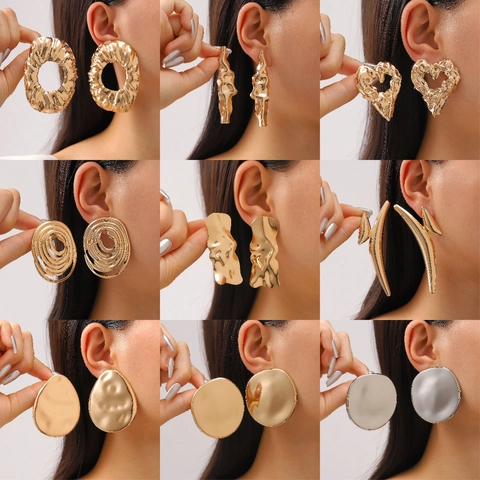 Vintage Exaggerated Metal Alloy Stud Earrings Irregular Geometric Lava Texture Statement Fashion Jewelry For Women