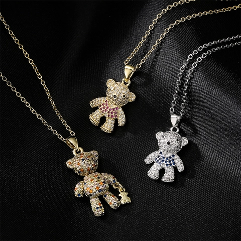 Teddy Bear Pendant Necklace Gold Plated Copper Micro Inlaid Colorful Zircon Cute Animal Style For Women Girls