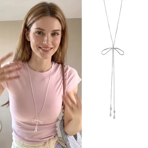Collana Lunga Con Pendente A Fiocco Lega Colore Argento Catena A Serpente Nappa Goccia D'acqua Elegante Accessorio Moda Donna