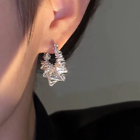 Hollow Irregular Circle Hoop Earrings For Women Korean Fashion Metal Geometric Ear Clips Elegant Jewelry Silver Color
