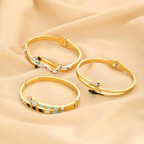 Luxury Stainless Steel Snake Bangle Bracelet For Women Gold Plated Rhinestone Enamel Serpentine Open Cuff Jewelry Gift