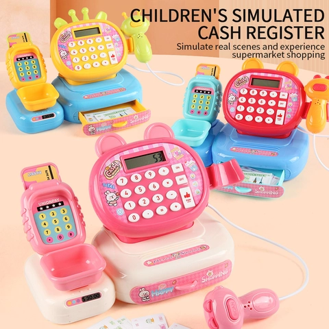Simulation Cash Register Toy For Kids Plastic Silicone Cartoon Pink Rabbit Calculator Sound Light Scanner Role Play