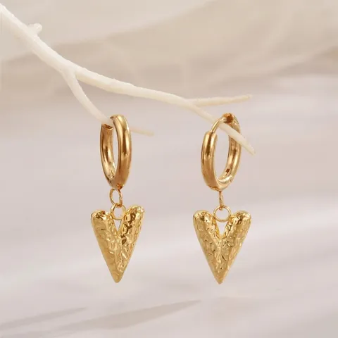 Roestvrijstalen Hart Oorbellen Gehamerde Textuur Vintage Lava Stijl Hanger Ringen Minimalistische Sieraden Dames
