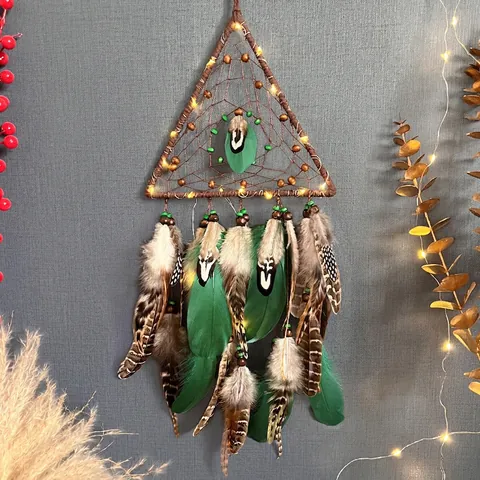 Handmade Triangle Dream Catcher Feather Wood Beads Tribal Bohemian Style Wall Hanging Decor Gift Home Ornament Craft