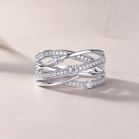 Elegant Luxury Multi-layer Cross Wave Ring For Women Silver Color Copper Zirconia Inlaid Stylish Geometric Finger Jewelry Gift